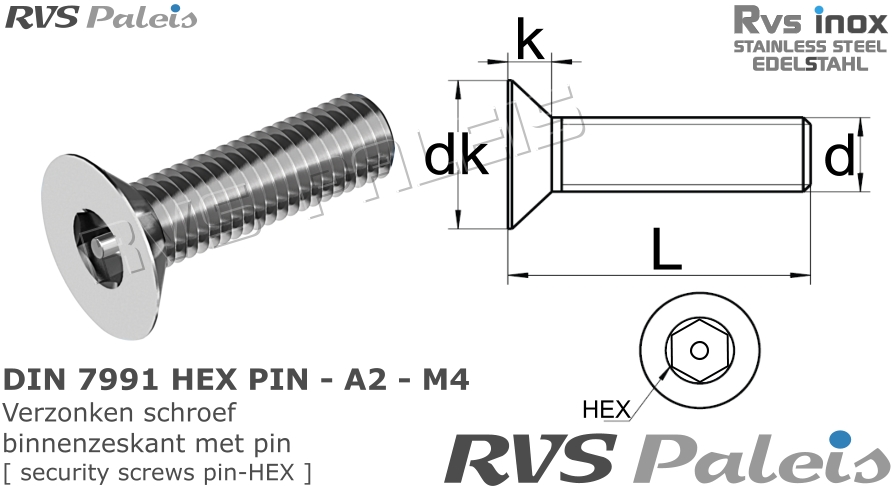 RVS  Din 7991 Pin Hex -m4