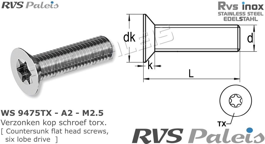 RVS Schroef Ws 9475 - A2 - M2,5