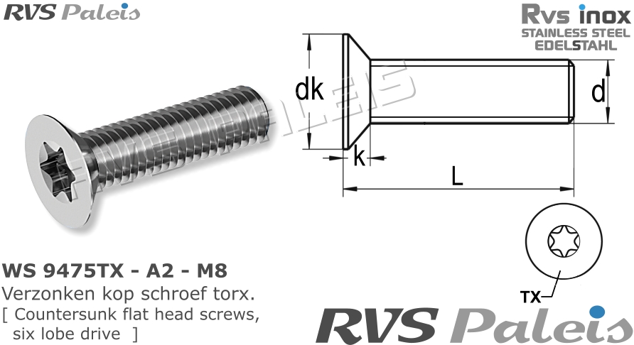 RVS Schroef Ws 9475 - A2 - M8