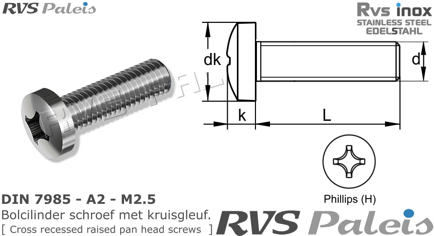 RVS Schroef Din 7985 - A2 - M2,5