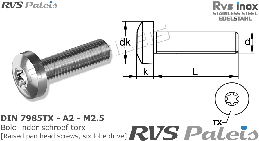 RVS Schroef Din 7985tx - A2 - M2,5