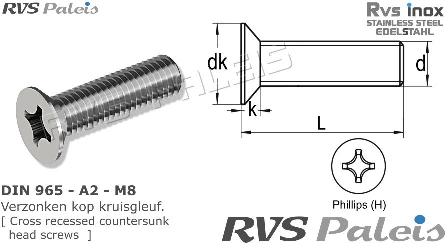RVS Schroef Din 965 - A2 - M8
