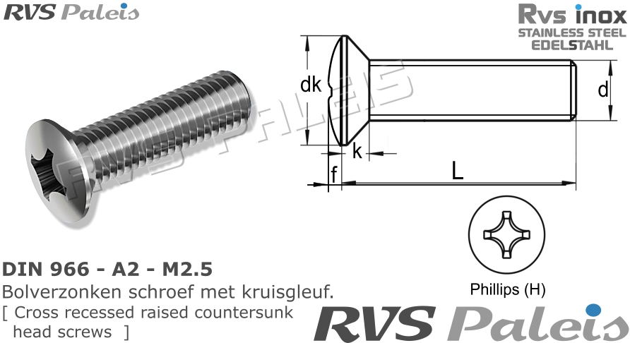 RVS Schroef Din 966 - A2 - M2,5