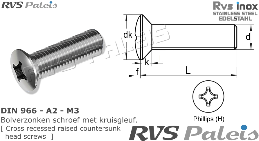 RVS Schroef Din 966 - A2 - M3