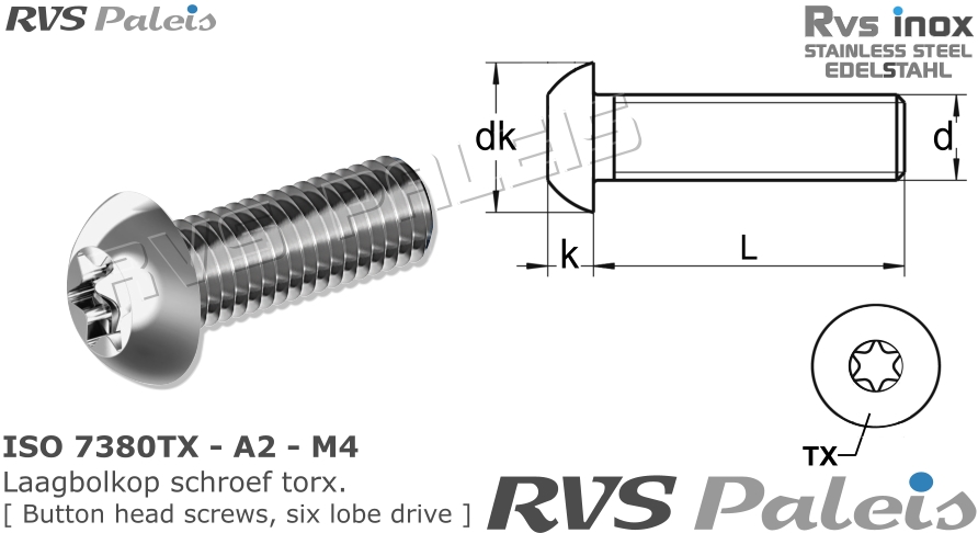 RVS Schroef Iso 7380tx - A2 - M4