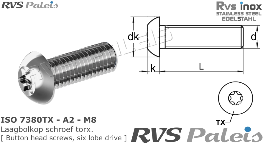 RVS Schroef Iso 7380tx - A2 - M8